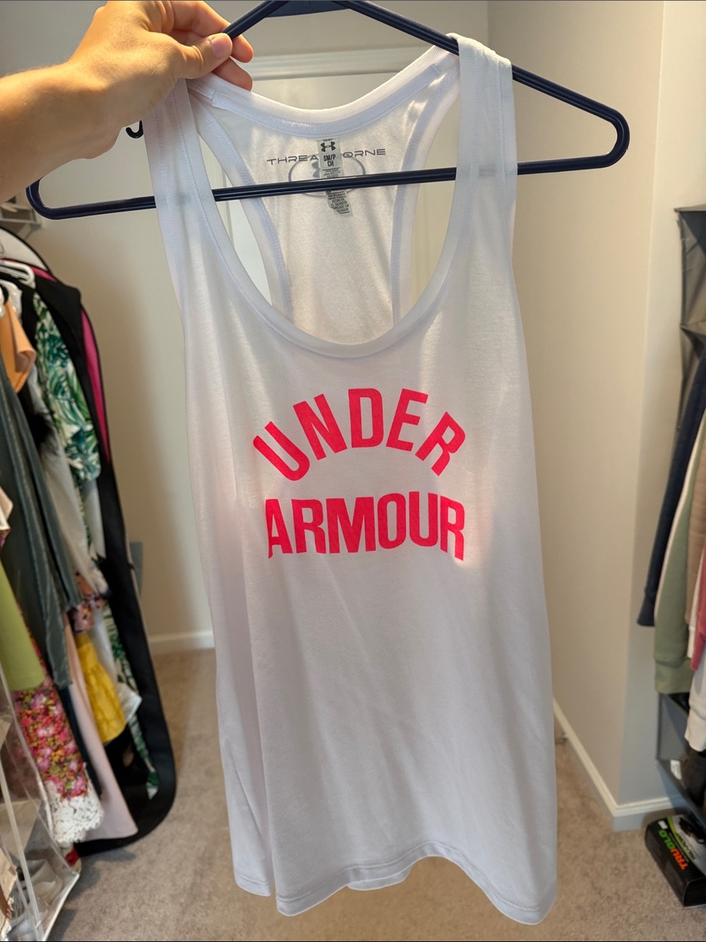 Under Armour White Racerback Tank with Neon Pink Logo